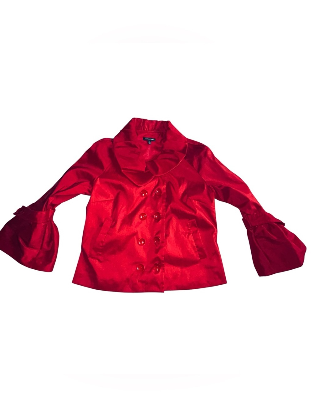 Samuel Dong Satin Red Double-Breasted Bell-Sleeve Blazer